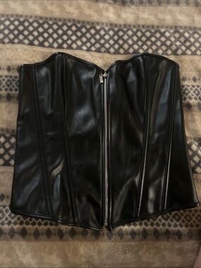 Leg Avenue Black Faux Leather Strapless Corset bustier lace up back L  XL